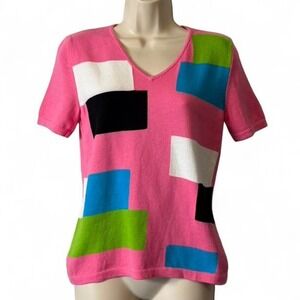 Vintage Hampshire Studio Pink Geometric‎ Colorblock Sweater Top, Women's Size S